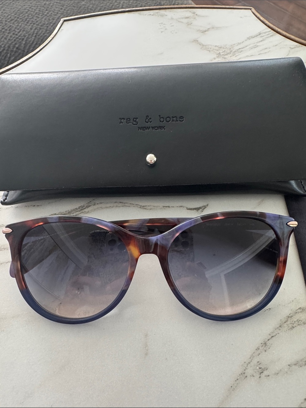 New Rag & Bone Blue Havana Sunglasses with Blue Gradient Lenses in Case